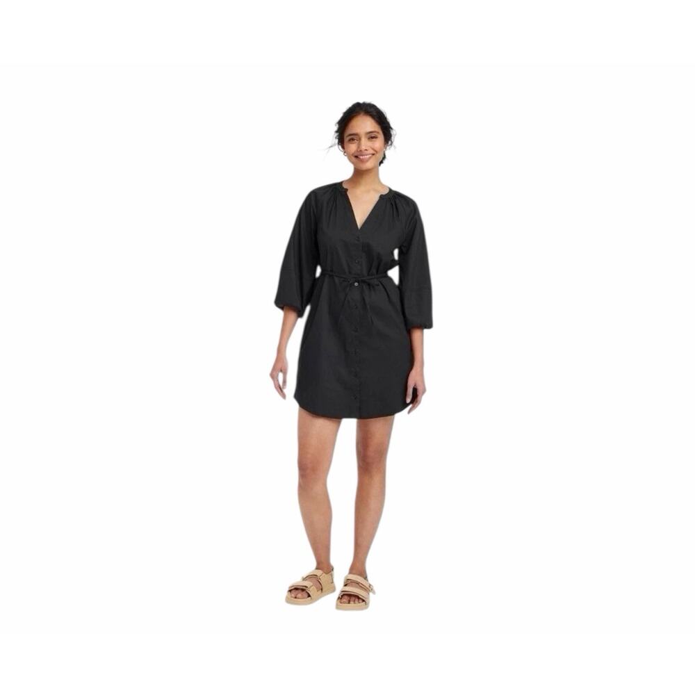 Trendy Summer Vacation A New Day V-Neck 3/4 Sleeve Black Casual Mini Dress Sz L